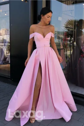 16701 - Off the Shoulder Satin High Split Prom Dress