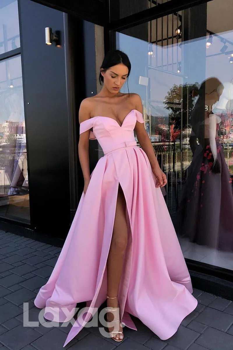 16701 - Off the Shoulder Satin High Split Prom Dress
