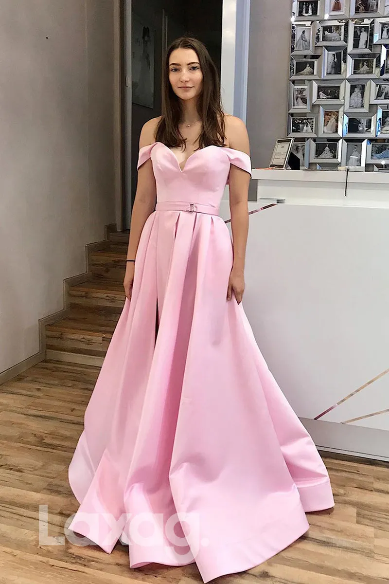 16701 - Off the Shoulder Satin High Split Prom Dress