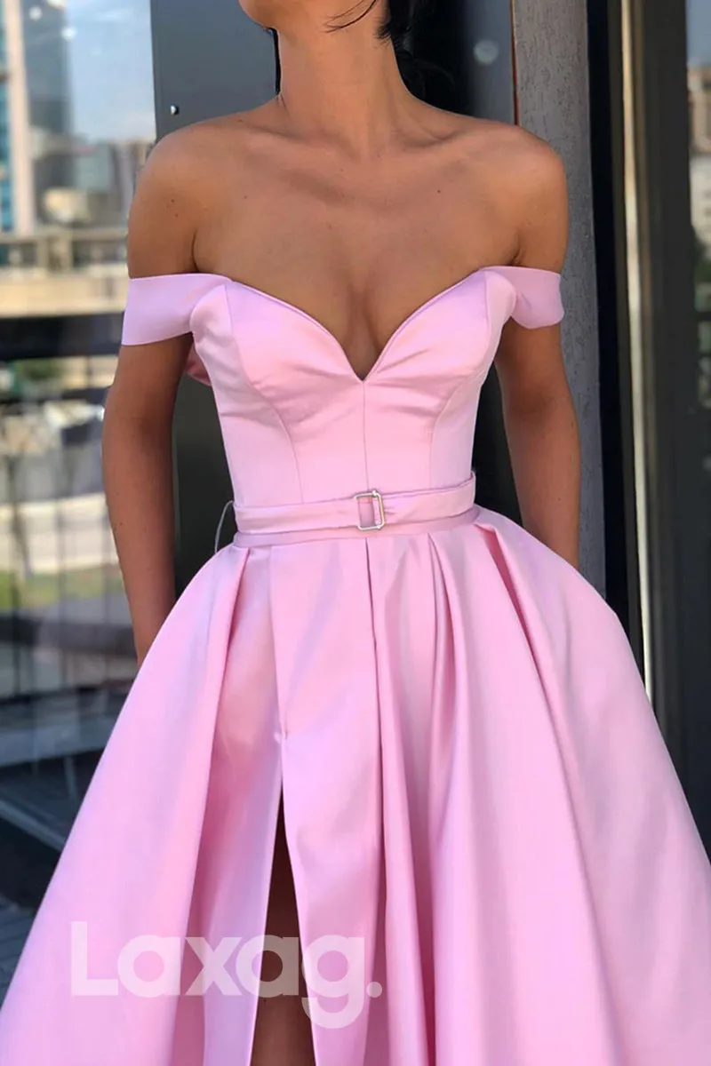 16701 - Off the Shoulder Satin High Split Prom Dress