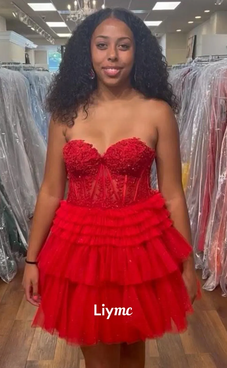 LY030 - A line Sweetheart Lace Appliques Cute Homecoming Dress Short