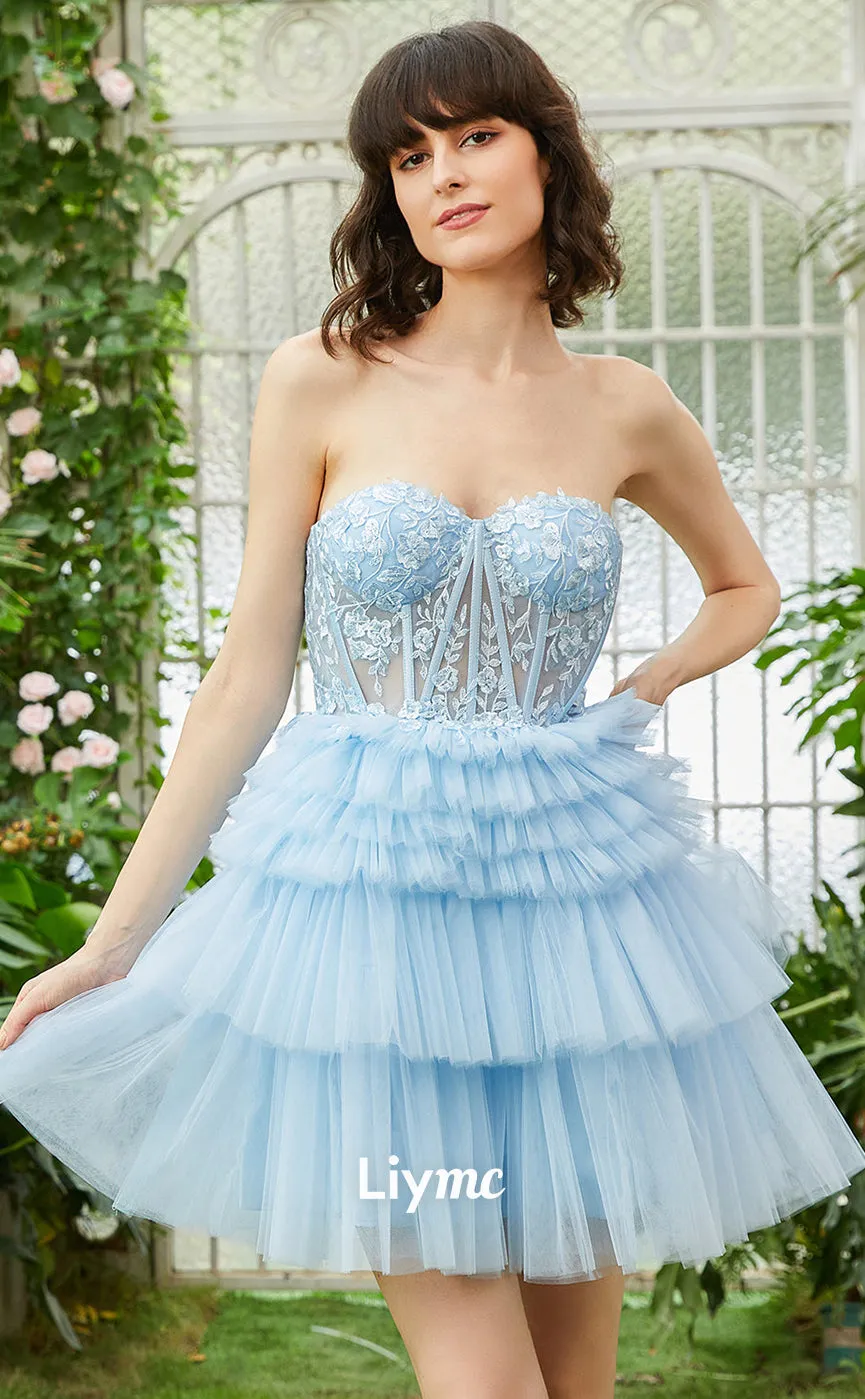 LY030 - A line Sweetheart Lace Appliques Cute Homecoming Dress Short