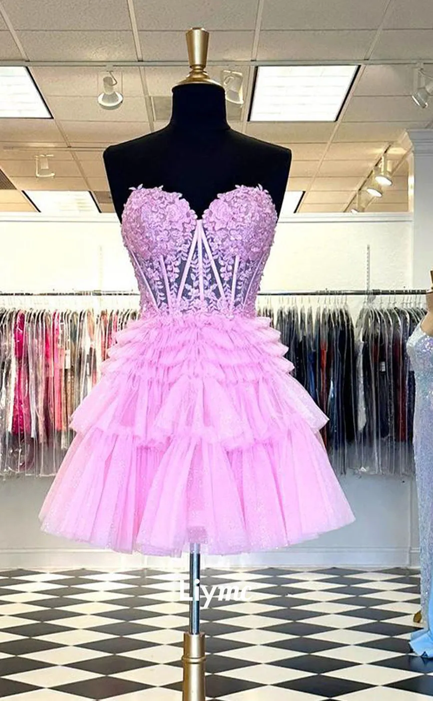LY030 - A line Sweetheart Lace Appliques Cute Homecoming Dress Short
