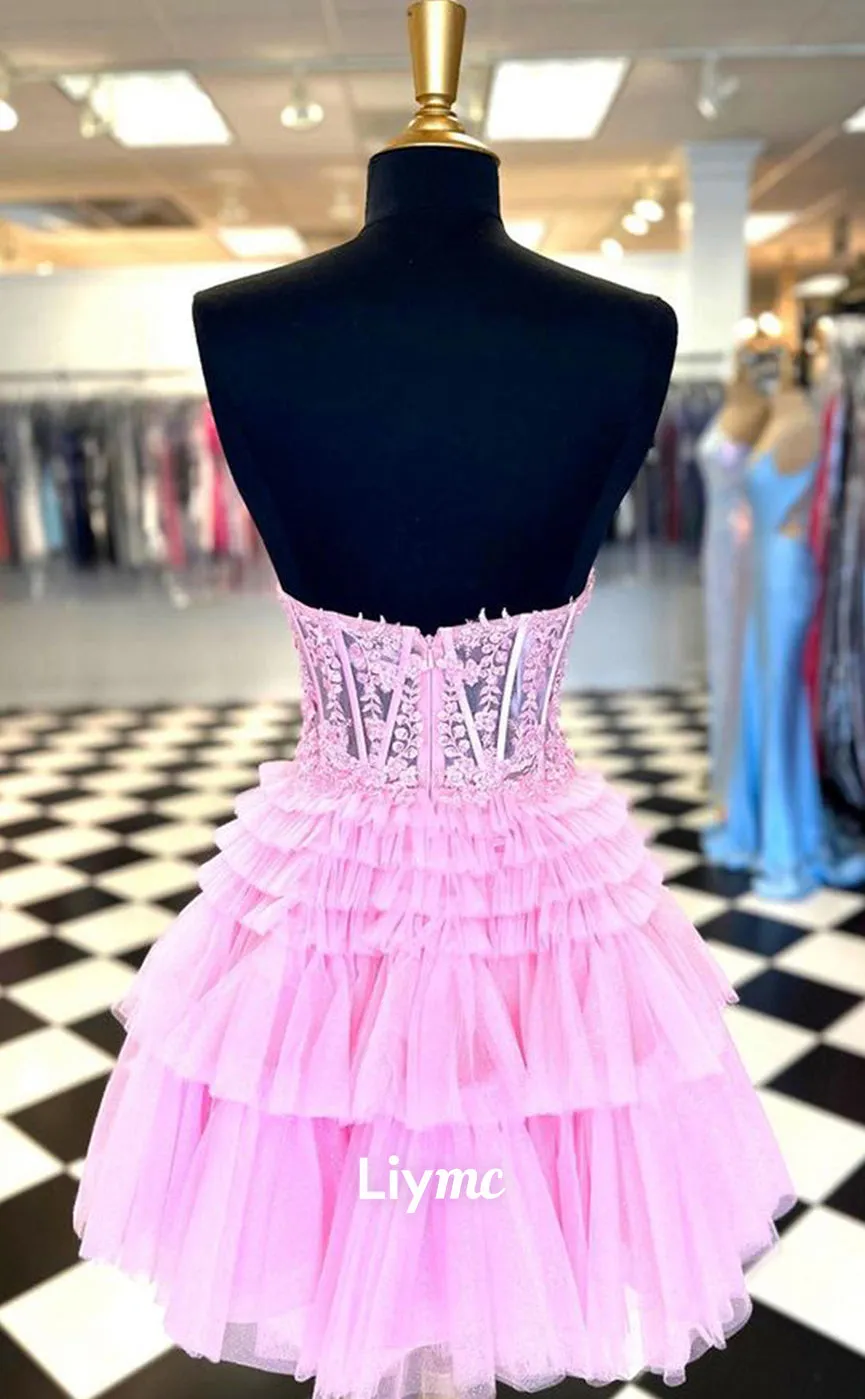LY030 - A line Sweetheart Lace Appliques Cute Homecoming Dress Short