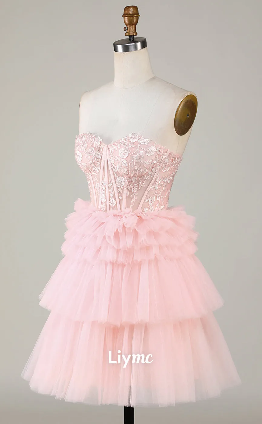 LY030 - A line Sweetheart Lace Appliques Cute Homecoming Dress Short