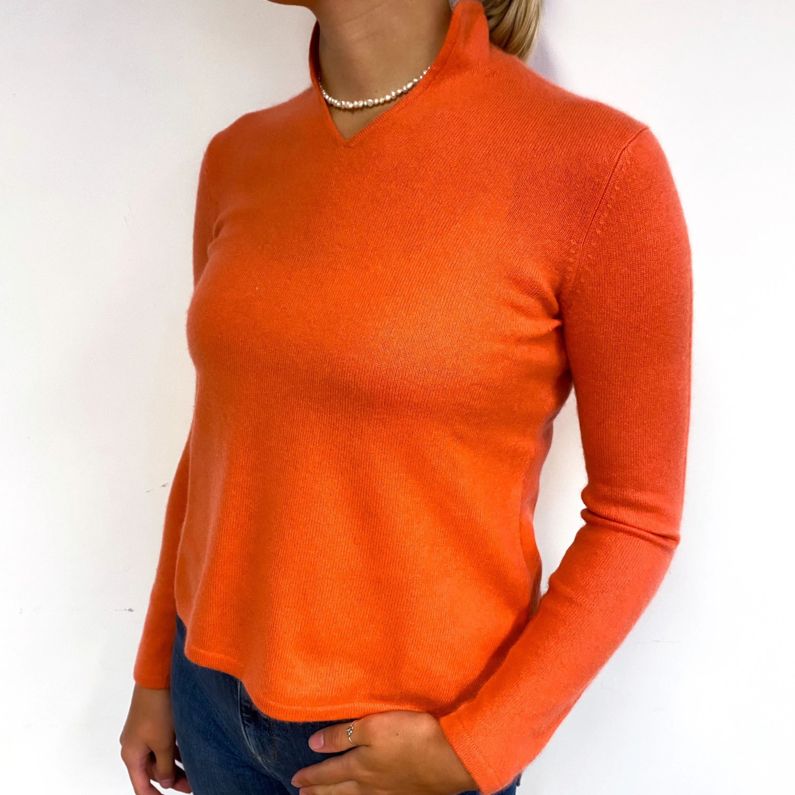 Tangerine Orange Cashmere Collared V-Neck Jumper Small