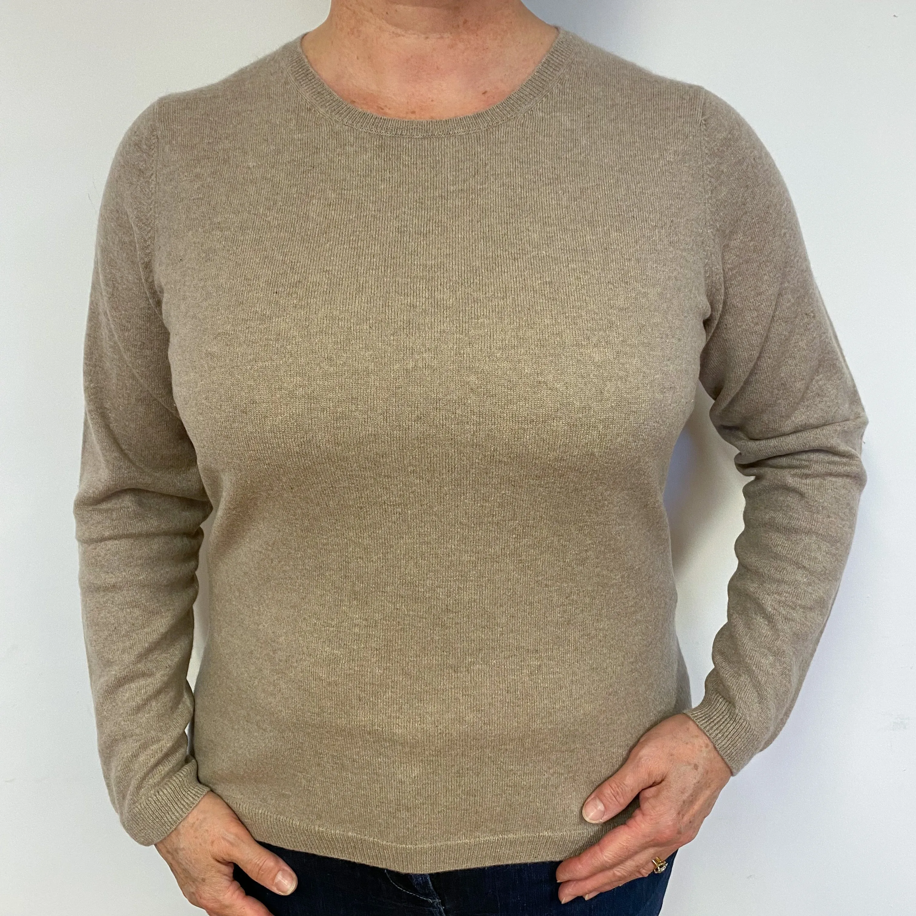 Taupe Brown Cashmere Crew Neck Jumper Large.